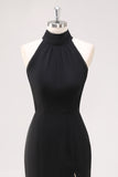 Halter Neck Black Ruffles Mermaid Long Formal Dress with Slit