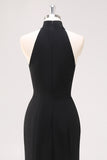 Halter Neck Black Ruffles Mermaid Long Formal Dress with Slit