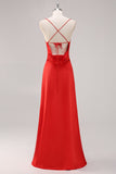 Red Satin Spaghetti Straps Sheath Formal Dress