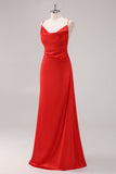 Red Satin Spaghetti Straps Sheath Formal Dress
