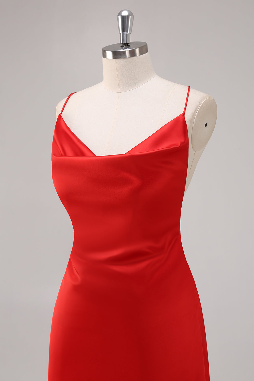 Red Satin Spaghetti Straps Sheath Formal Dress