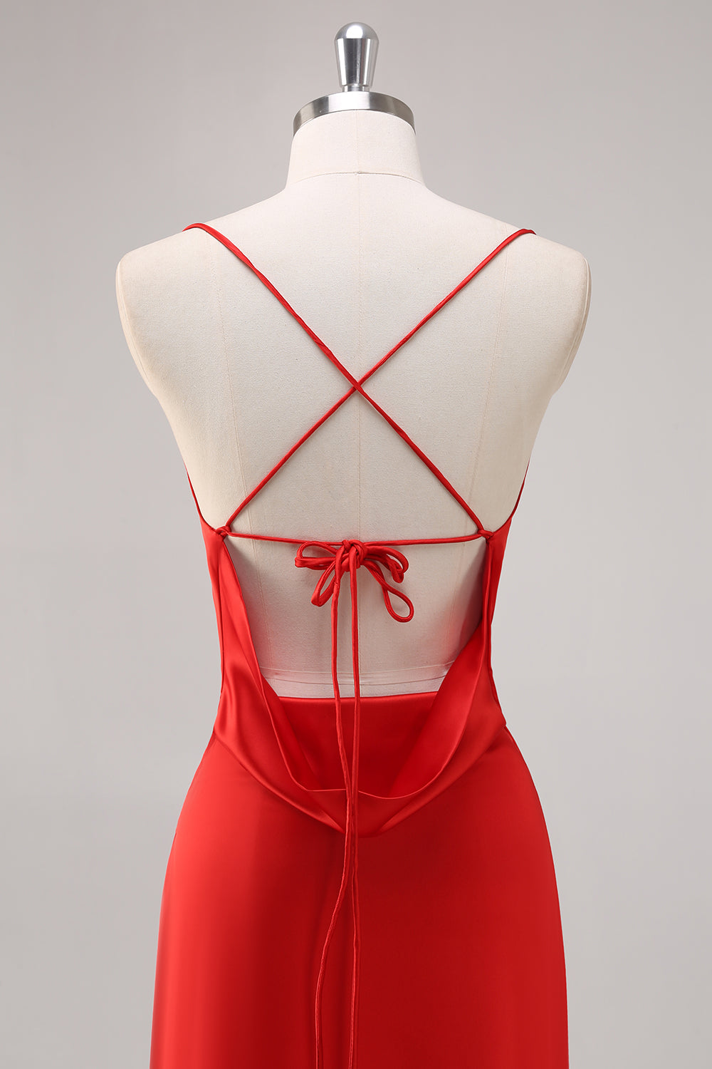 Red Satin Spaghetti Straps Sheath Formal Dress
