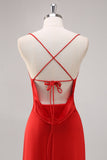 Red Satin Spaghetti Straps Sheath Formal Dress