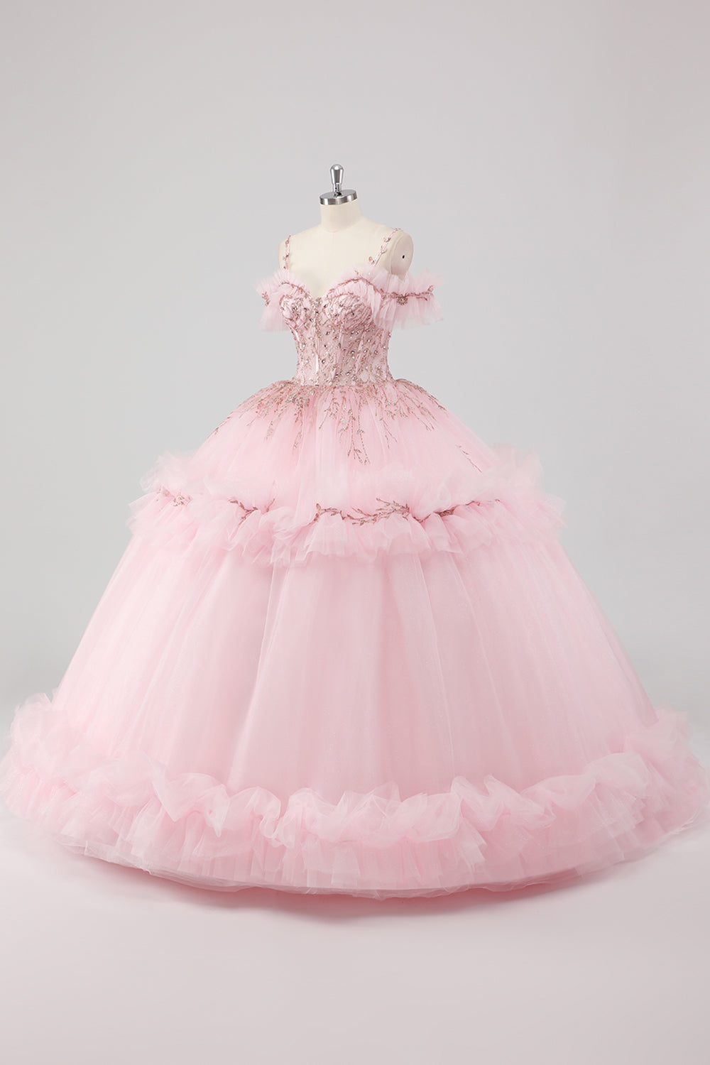 Princess Blush Ball Gown Cold Shoulder Ruffles Tulle Quinceanera Dress with Sequined Embroidery