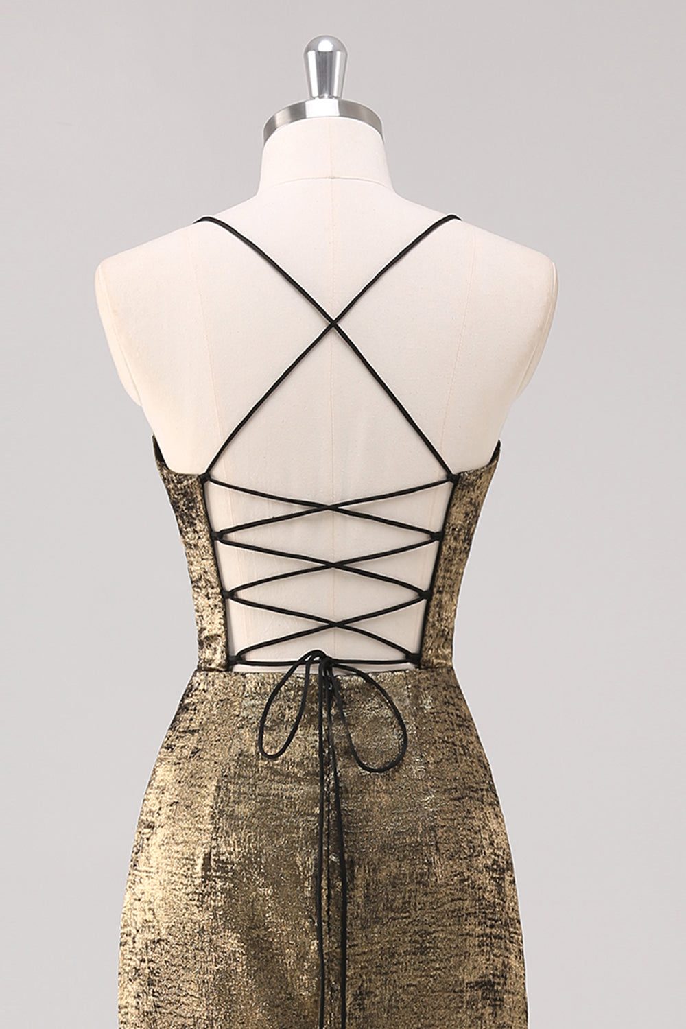 Black Golden Spaghetti Straps Sheath Formal Dress with Slit