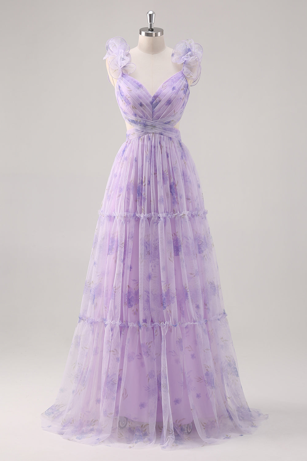 Lavender Flower A Line Cut Out Pleated Long Bridesmaid Dress