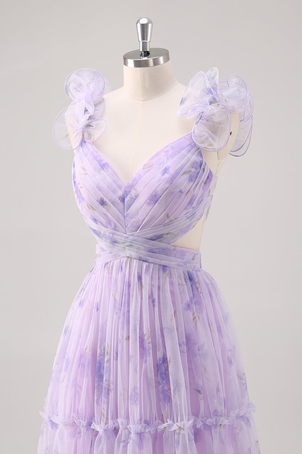 Lavender Flower A Line Cut Out Pleated Long Bridesmaid Dress