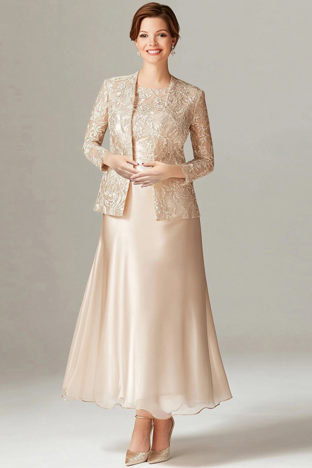 Champagne A-Line Satin 2-Piece Mother of the Bride Dress