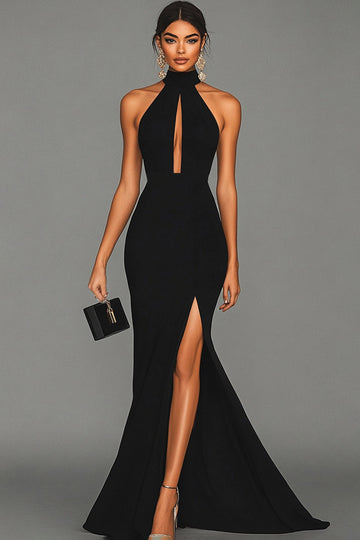 Zapaka Women Black Formal Dress With Slit Mermaid Halter Neck With Hook Satin Evening Dress
