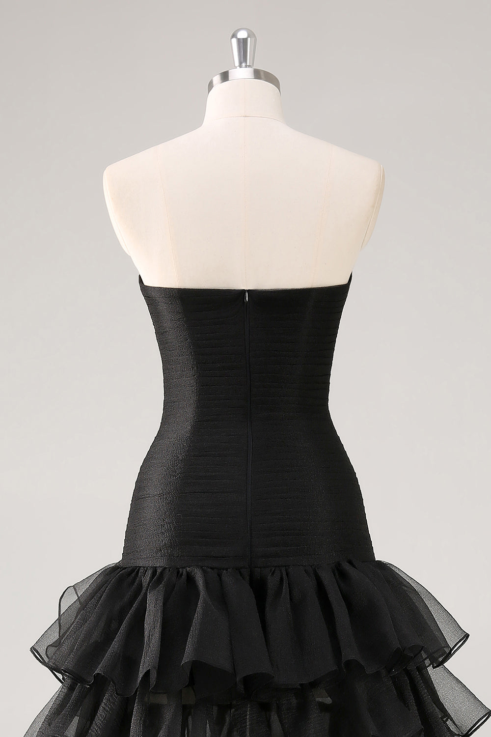 Black Strapless Tulle Tiered Ruffles Formal Dress