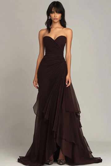 Zapaka Women Dark Brown Sweetheart Ruffled Formal Dress Ruched Strapless Mermaid Evening Dress