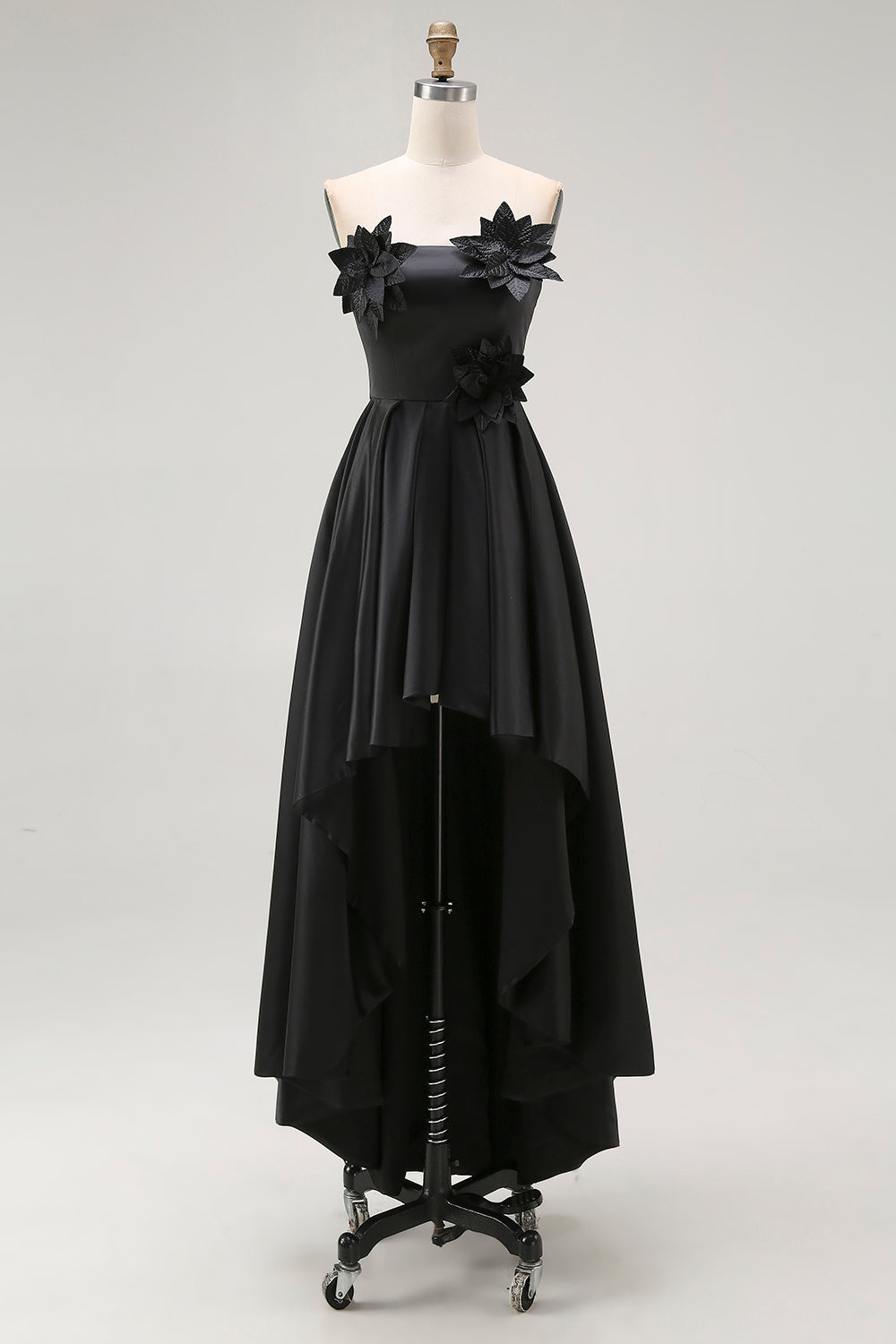 Sparkly Black Hi-Low A-Line Strapless 3D Flowers Ruffle Satin Formal Dress
