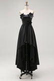 Sparkly Black Hi-Low A-Line Strapless 3D Flowers Ruffle Satin Formal Dress