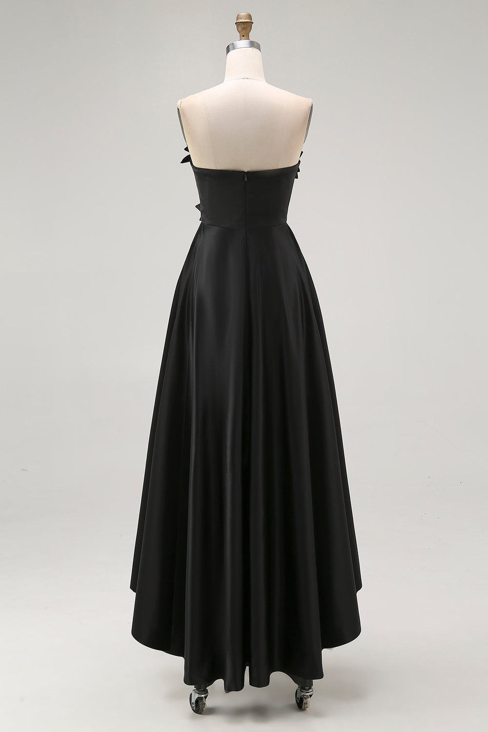 Sparkly Black Hi-Low A-Line Strapless 3D Flowers Ruffle Satin Formal Dress