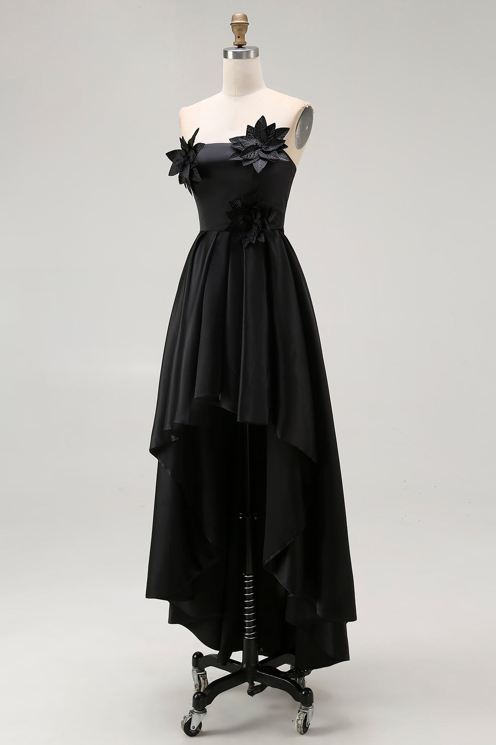 Sparkly Black Hi-Low A-Line Strapless 3D Flowers Ruffle Satin Formal Dress