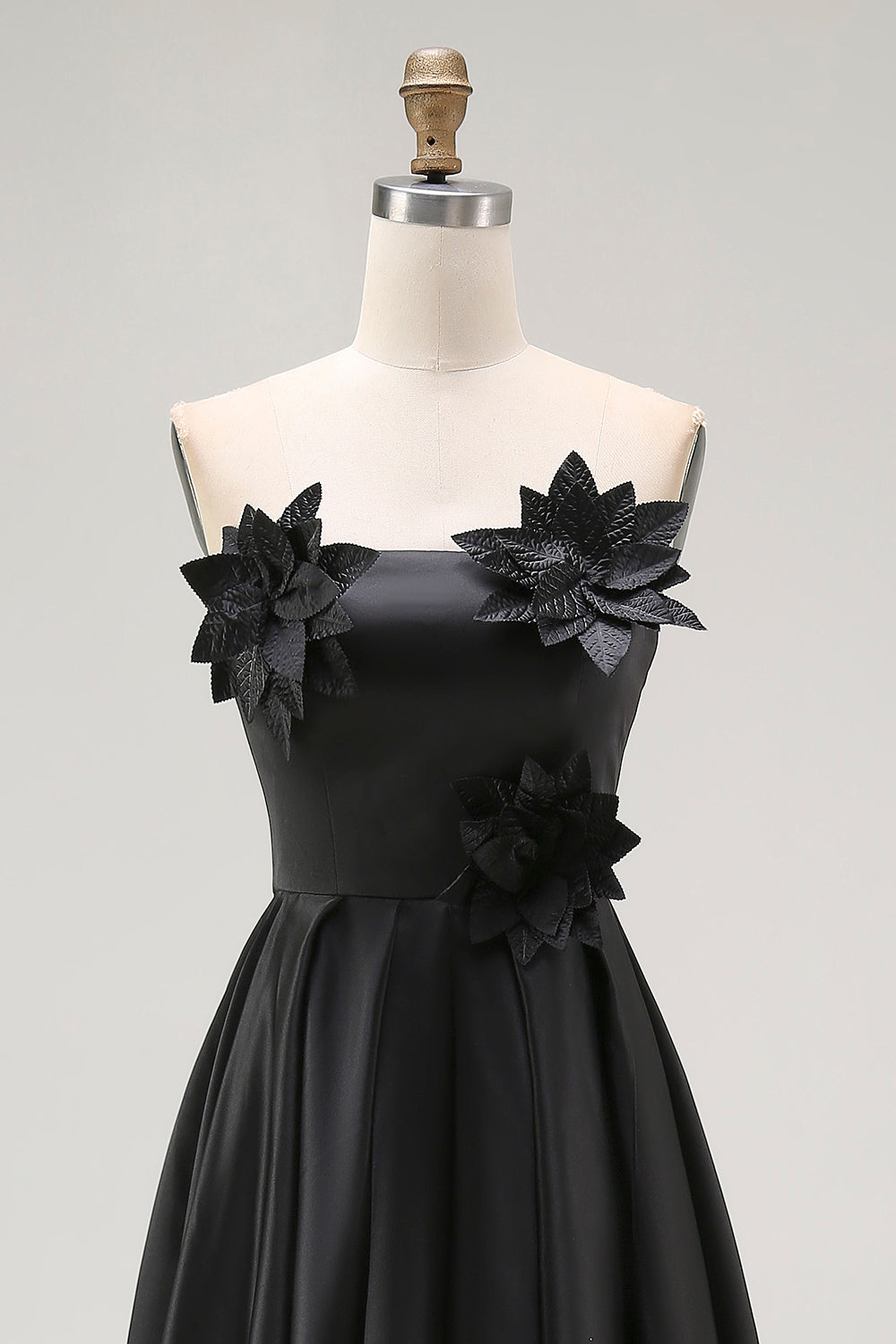 Sparkly Black Hi-Low A-Line Strapless 3D Flowers Ruffle Satin Formal Dress
