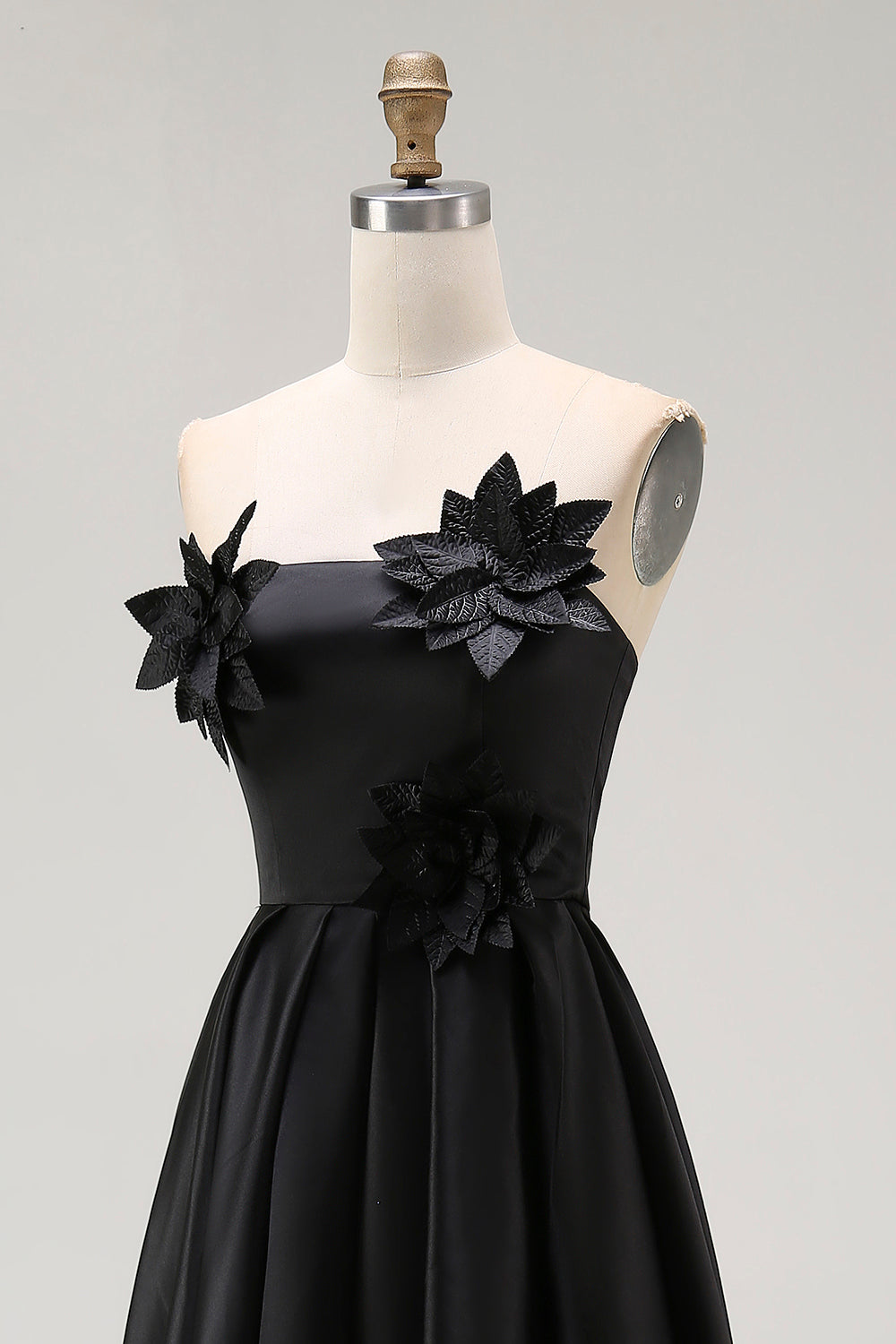 Sparkly Black Hi-Low A-Line Strapless 3D Flowers Ruffle Satin Formal Dress