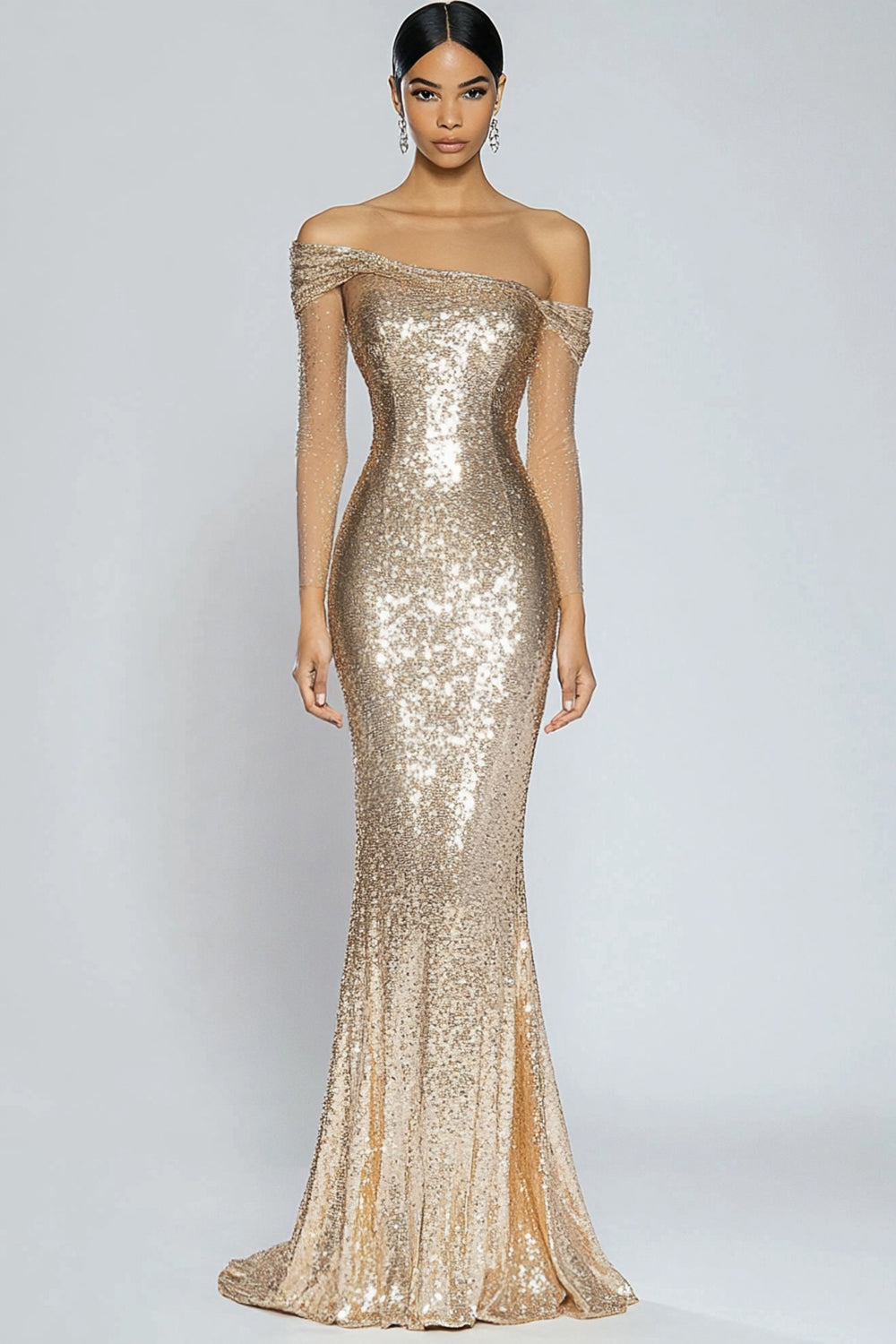 ZAPAKA Women Sparkly Champagne Long Prom Dress Mermaid Off the Shoulder Sequins Evening Dress