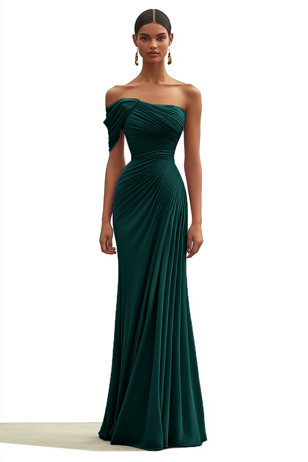 ZAPAKA Women Mermaid Dark Green Formal Dress One Shoulder Pleated Long Party Dress