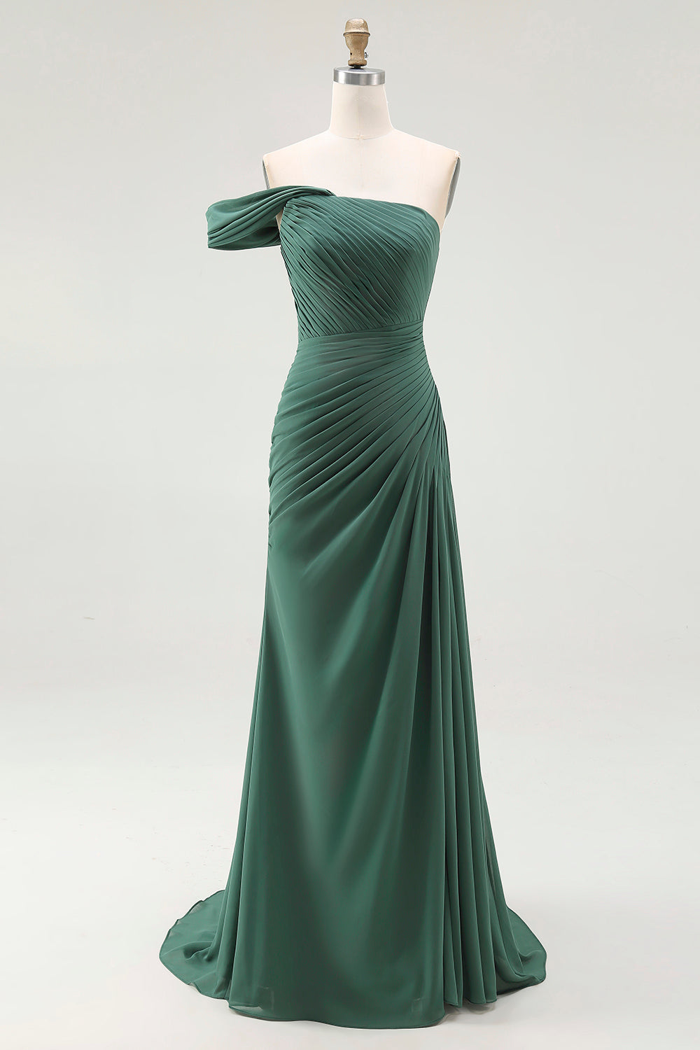 Mermaid Dark Green One Shoulder Pleated Long Formal Dress