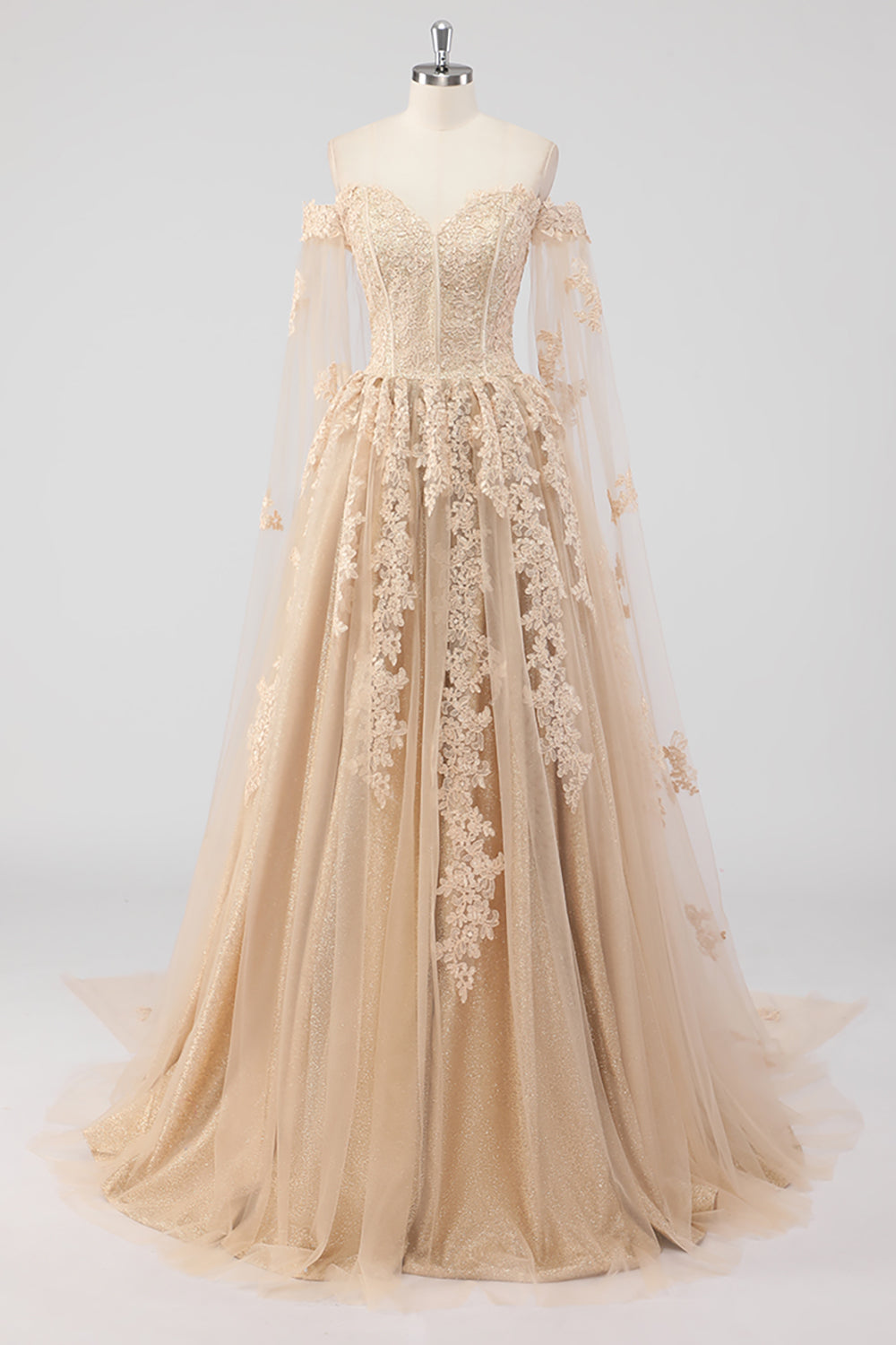 Princess Champagne Off the Shoulder Cape Sleeves Tulle Quinceanera Dress with Appliques