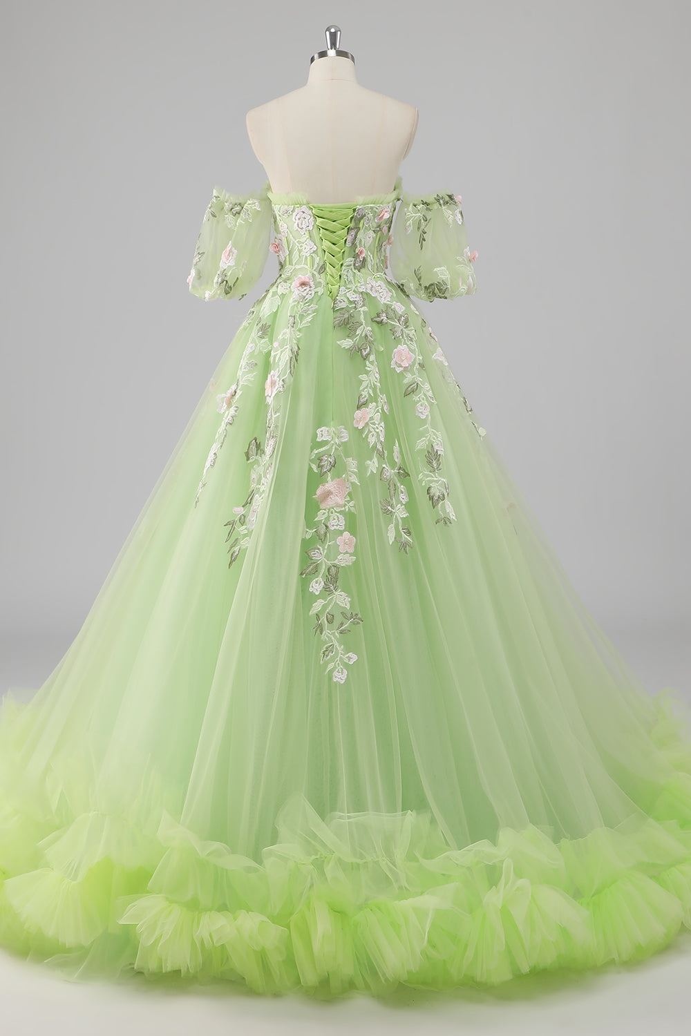 Princess Lemon Green Tulle Ball Gown Long Quinceanera Dress with Appliques