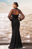 Sparkly Mermaid Black Sequin Long Sleeves Prom Dress