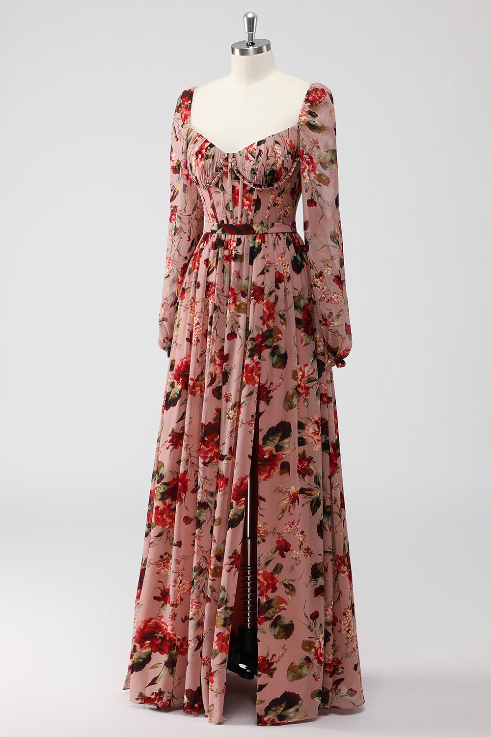 Dusty Rose Floral Corset A Line Long Sleeves Wedding Guest Dress with Slit