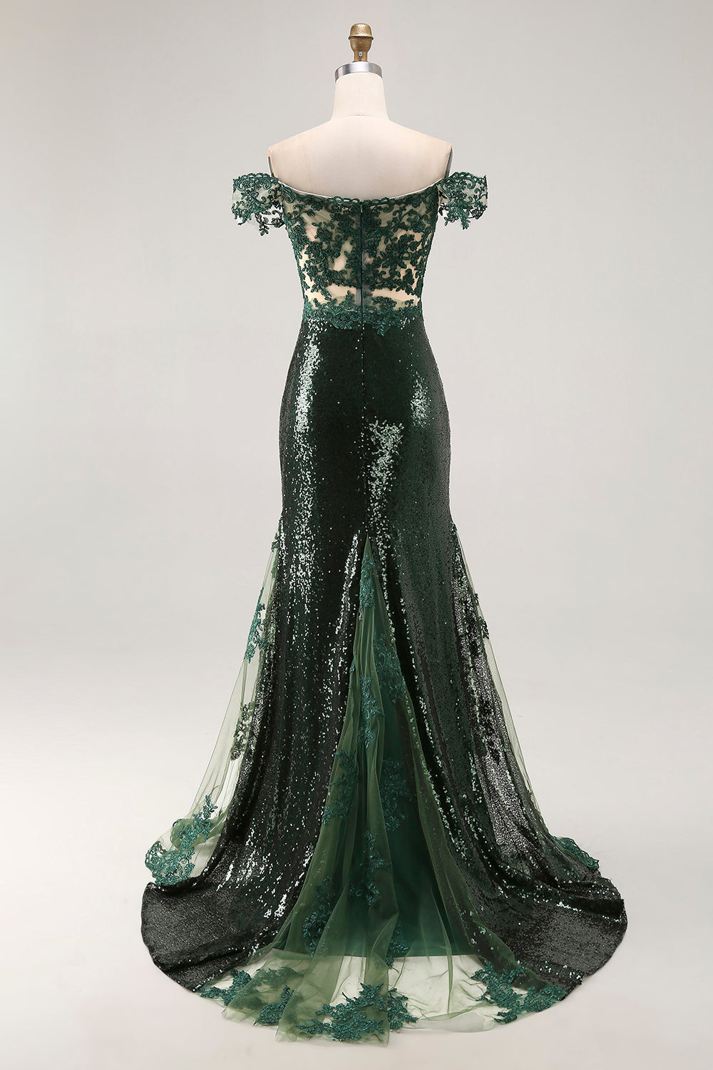 Chic Dark Green Off the Shoulder Mermaid Sequin Long Prom Dress with Embroidery
