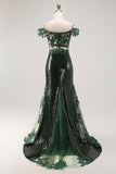 Chic Dark Green Off the Shoulder Mermaid Sequin Long Prom Dress with Embroidery