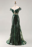 Chic Dark Green Off the Shoulder Mermaid Sequin Long Prom Dress with Embroidery