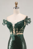 Chic Dark Green Off the Shoulder Mermaid Sequin Long Prom Dress with Embroidery