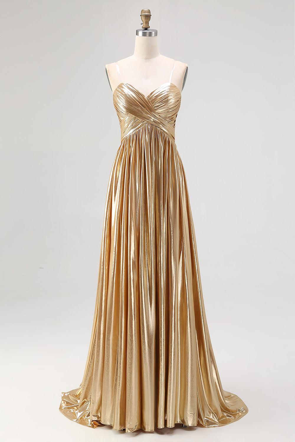 Sparkly Golden A Line Sweetheart Metallic Satin Pleated Long Prom Dress
