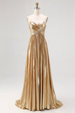 Sparkly Golden A Line Sweetheart Metallic Satin Pleated Long Prom Dress