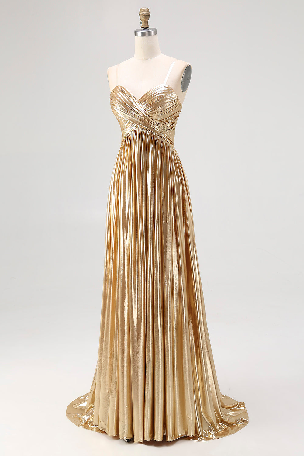 Sparkly Golden A Line Sweetheart Metallic Satin Pleated Long Prom Dress