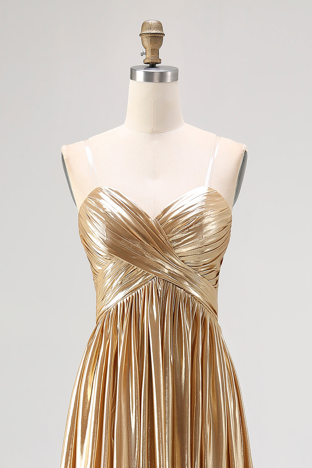 Sparkly Golden A Line Sweetheart Metallic Satin Pleated Long Prom Dress