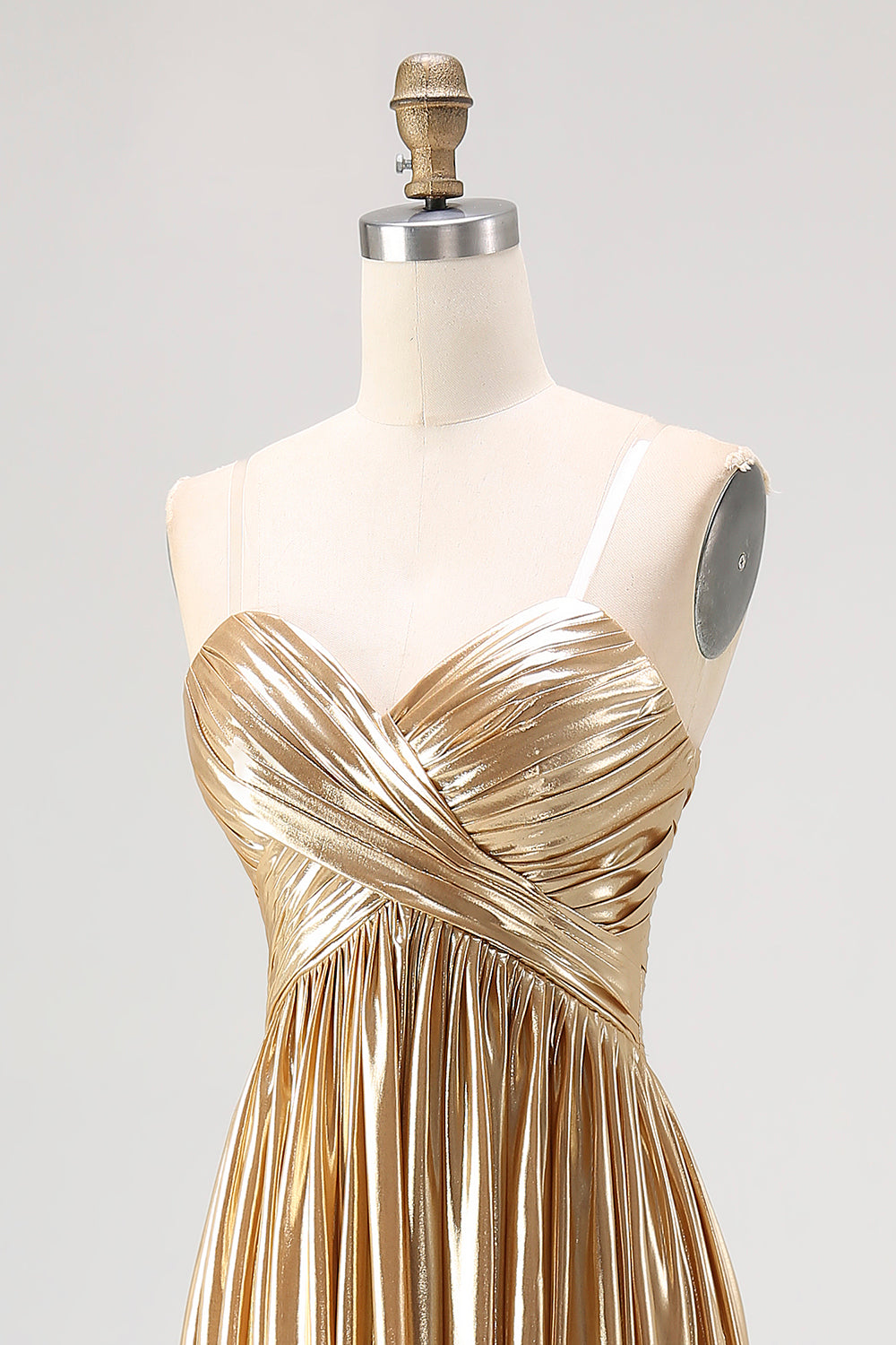 Sparkly Golden A Line Sweetheart Metallic Satin Pleated Long Prom Dress