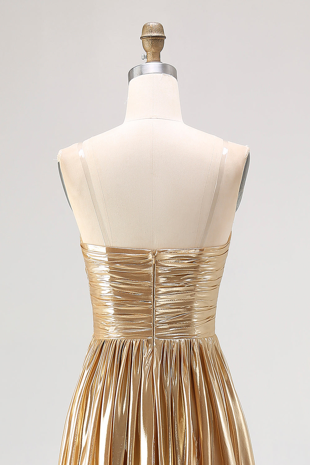 Sparkly Golden A Line Sweetheart Metallic Satin Pleated Long Prom Dress