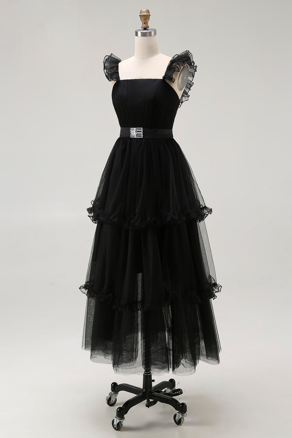 Black Tulle Spaghetti Straps A Line Formal Dress