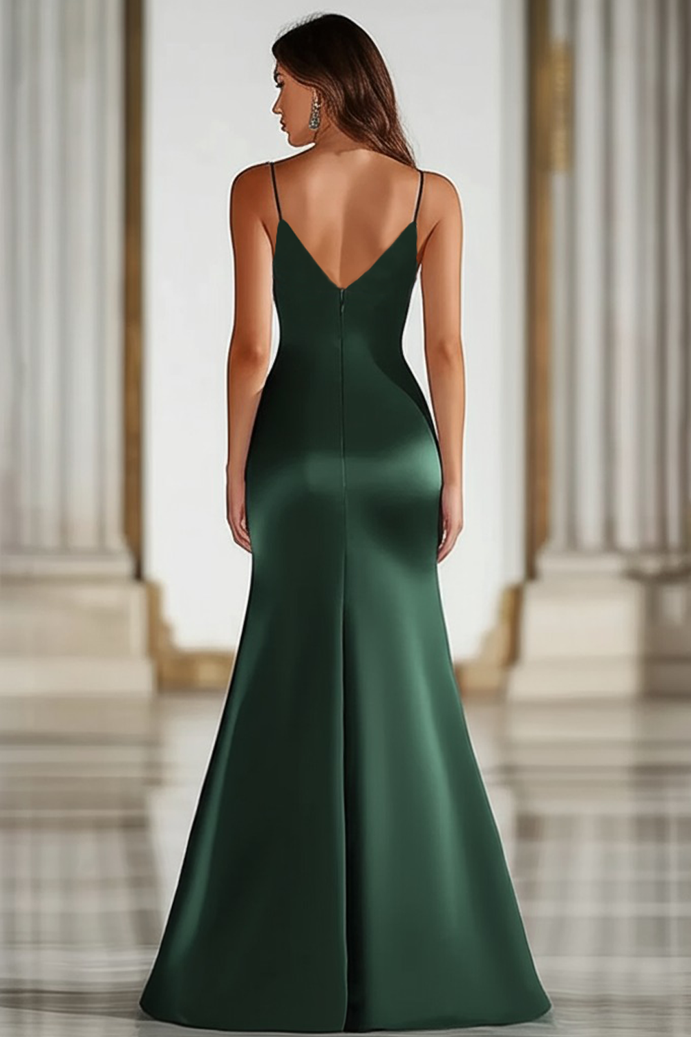 Dark Green Spaghetti Straps Mermaid Satin Long Military Ball Dress