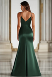 Dark Green Spaghetti Straps Mermaid Satin Long Military Ball Dress