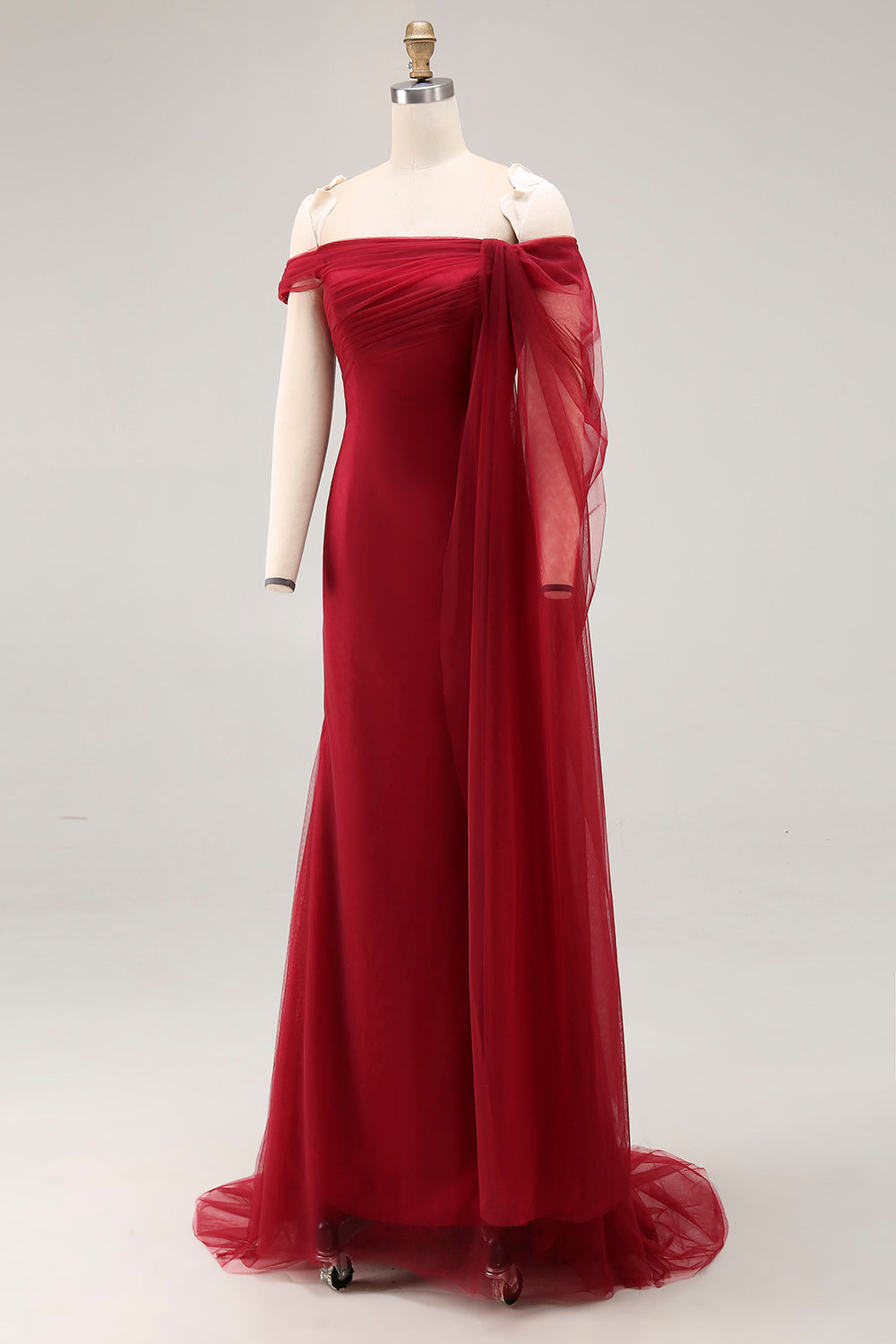 Cabernet Off the Shoulder Mermaid Tulle Long Military Ball Dress