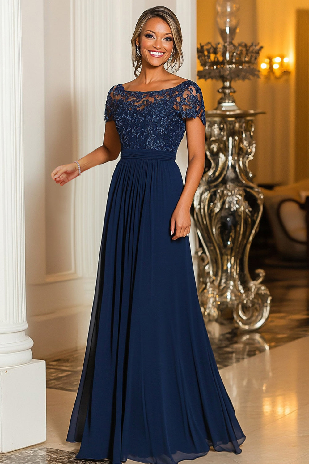Navy Boat Neck A-Line Lace Appliques Long Mother Of the Bride Dress