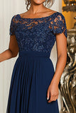 Navy Boat Neck A-Line Lace Appliques Long Mother Of the Bride Dress