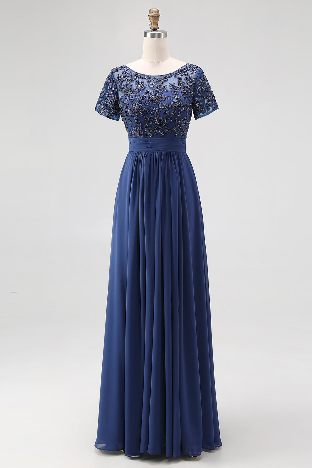 Navy Boat Neck A-Line Lace Appliques Long Mother Of the Bride Dress