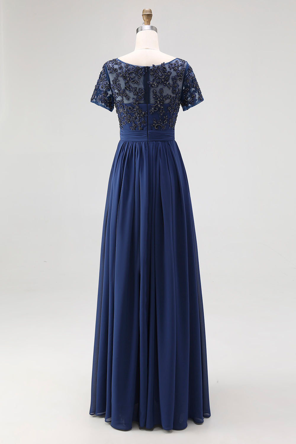 Navy Boat Neck A-Line Lace Appliques Long Mother Of the Bride Dress