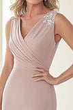 Elegant Taupe V-neck Applique Sheath Matte Satin Long Mother of the Bride Dress