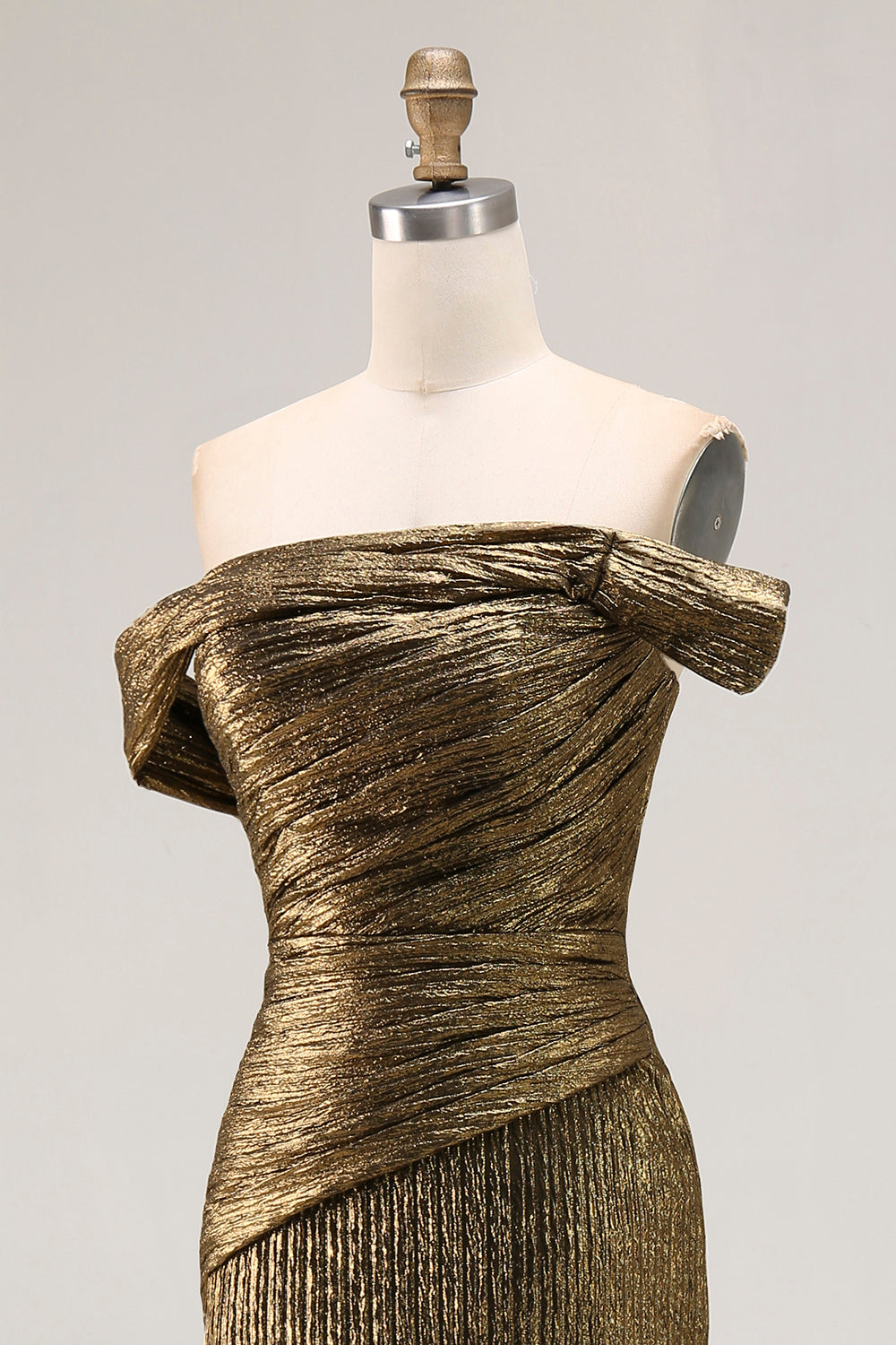 Off The Shoulder Metallic Gold Sheath Prom Dress With Slit