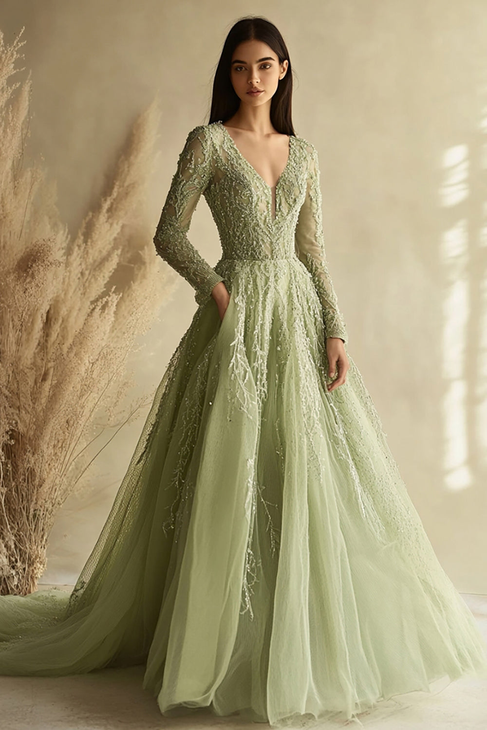 Zapaka Women Long Sleeve Prom Dress Dusty Sage A Line V-Neck Tulle Lace Appliqued Long Evening Dress