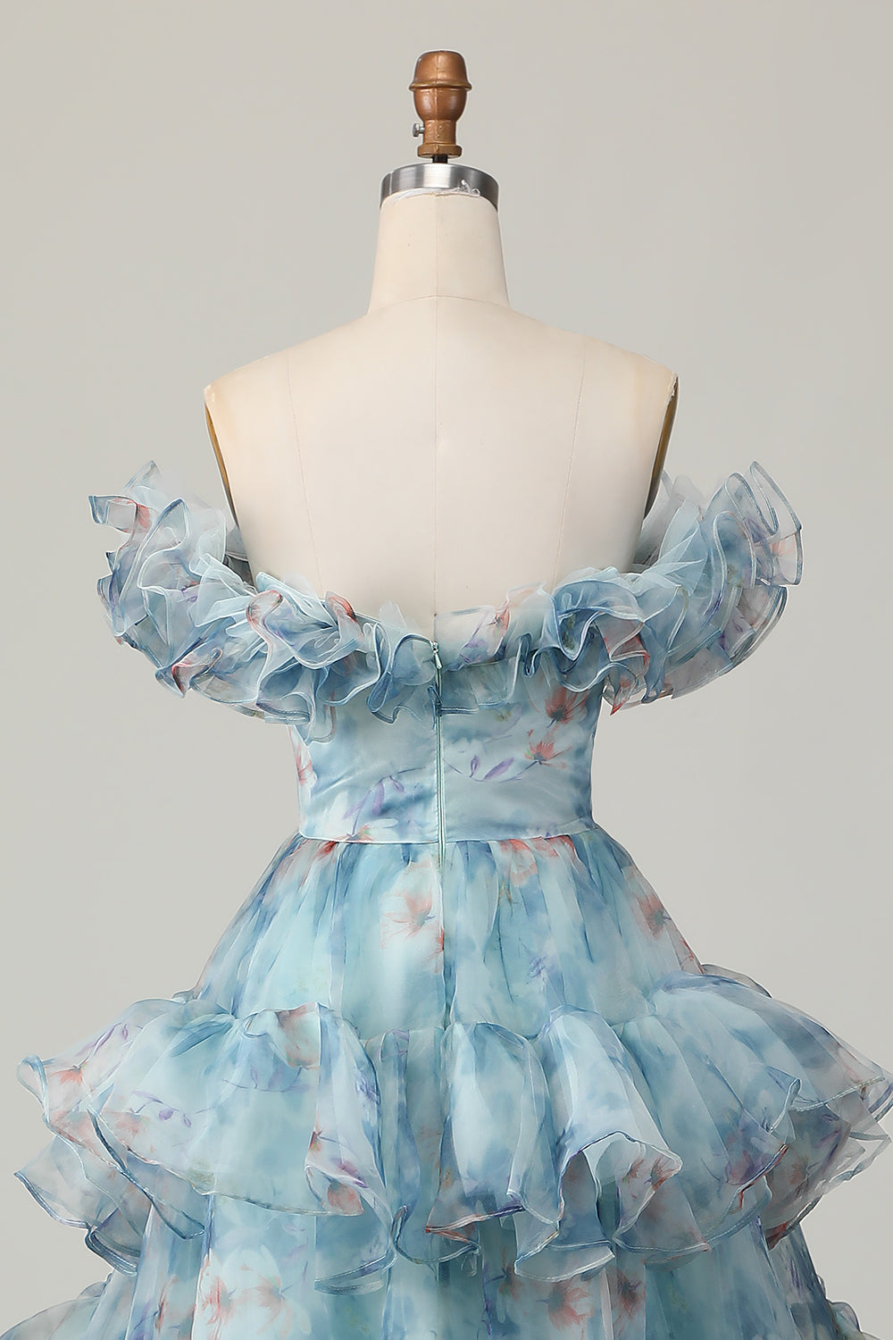 Floral Blue Off the Shoulder Ruffled A Line Long Prom Dress
